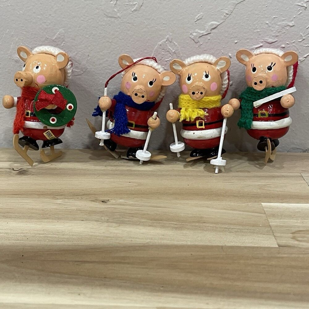 Vintage Hamms Lot Of 4 Piggy Multicolor Wooden Christmas Ornaments Taiwan